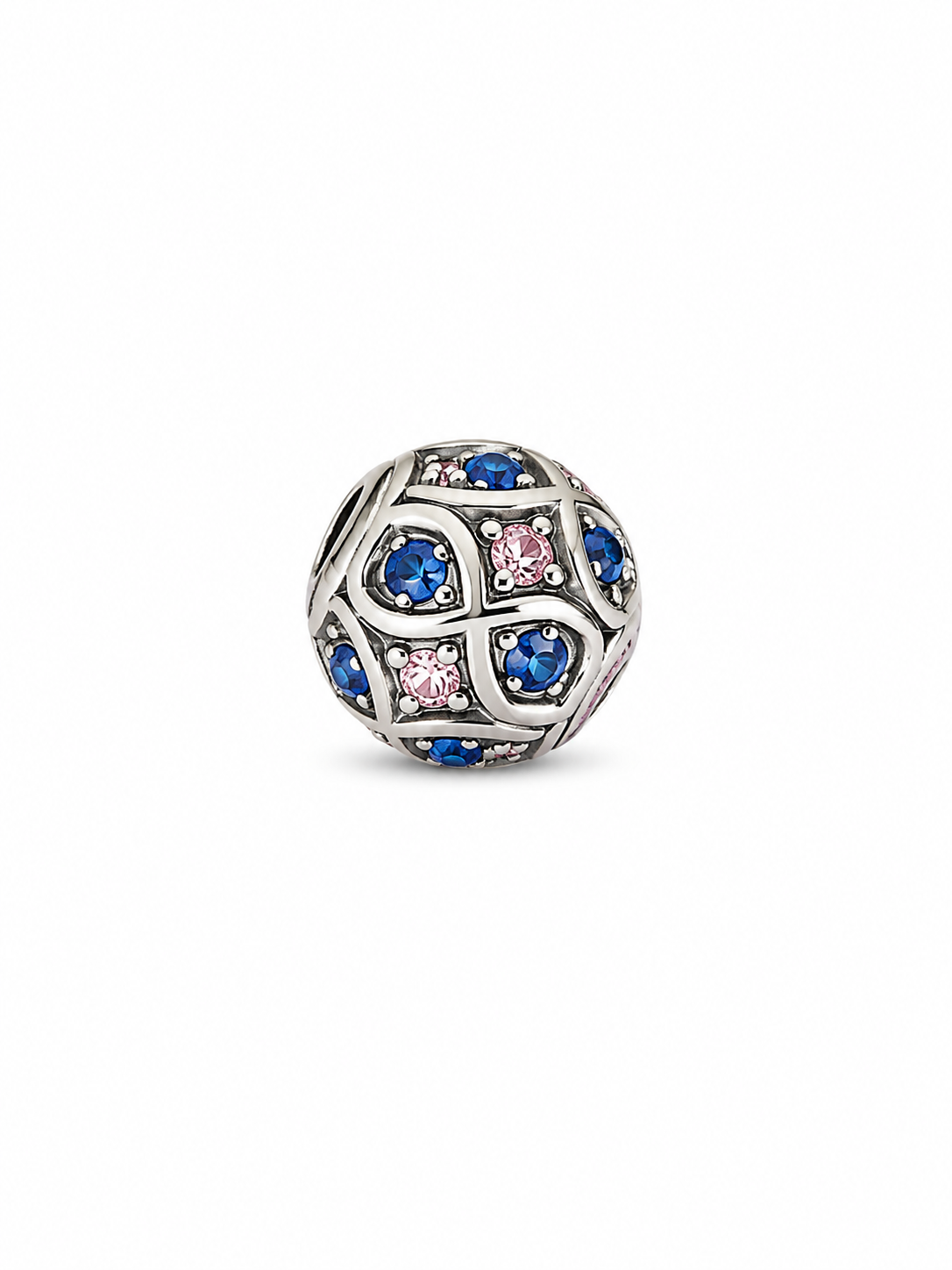 A round silver charm bead featuring a geometric lattice design set with blue and pink rhinestones, shown on a plain white background.
