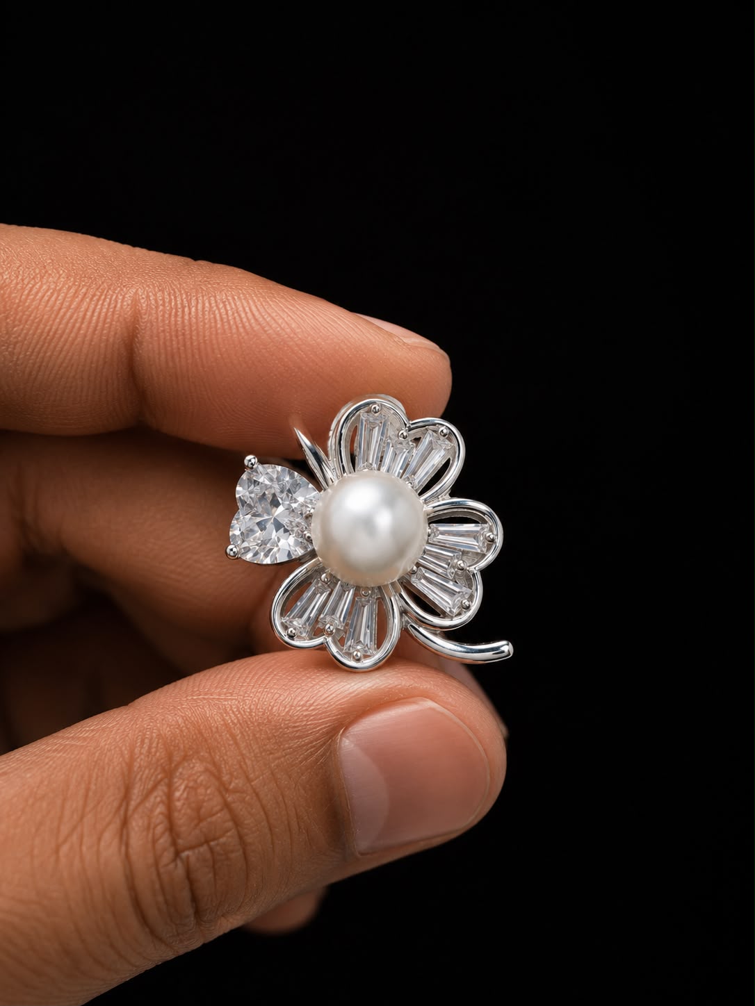 Silver Pearl Floral Brooch with Crystal Accents