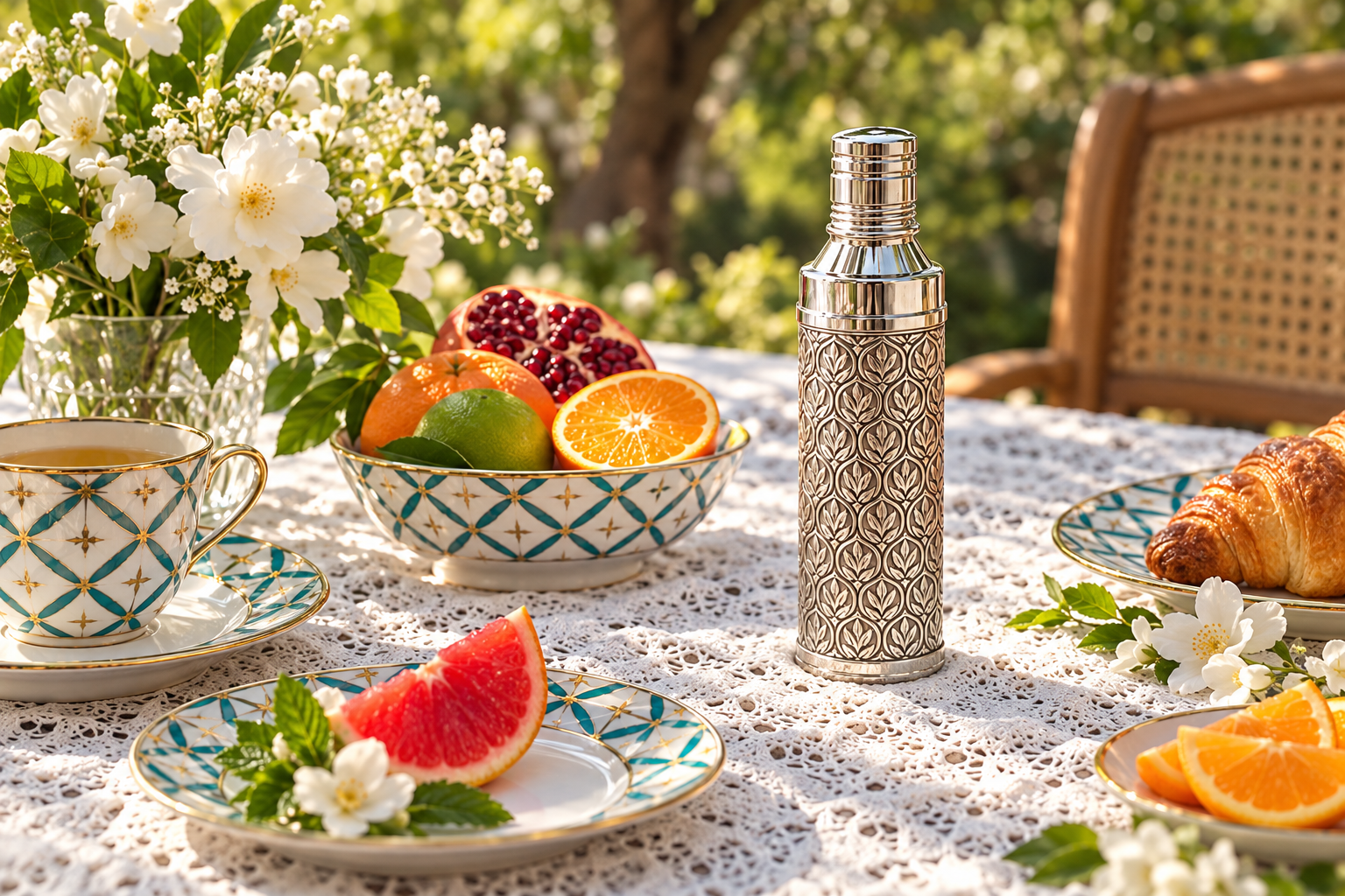 Ornamental silver bottle on a garden breakfast table