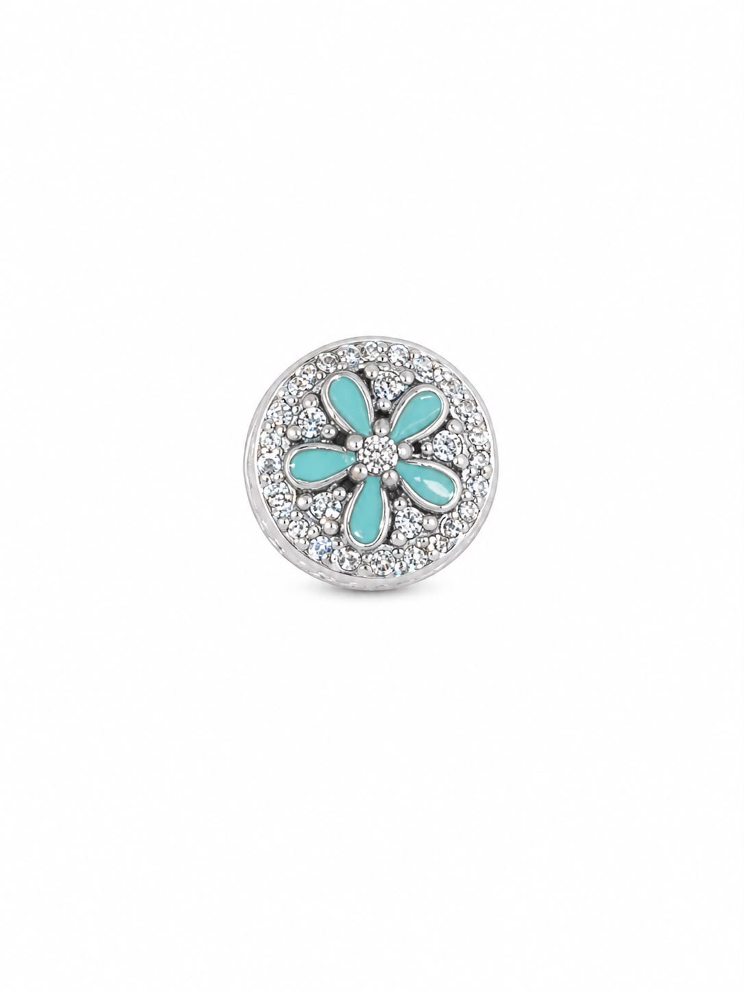 A round silver-toned button or stud earring featuring a flower motif with light turquoise blue enamel petals and a halo of small clear crystals, shown on a plain white background.