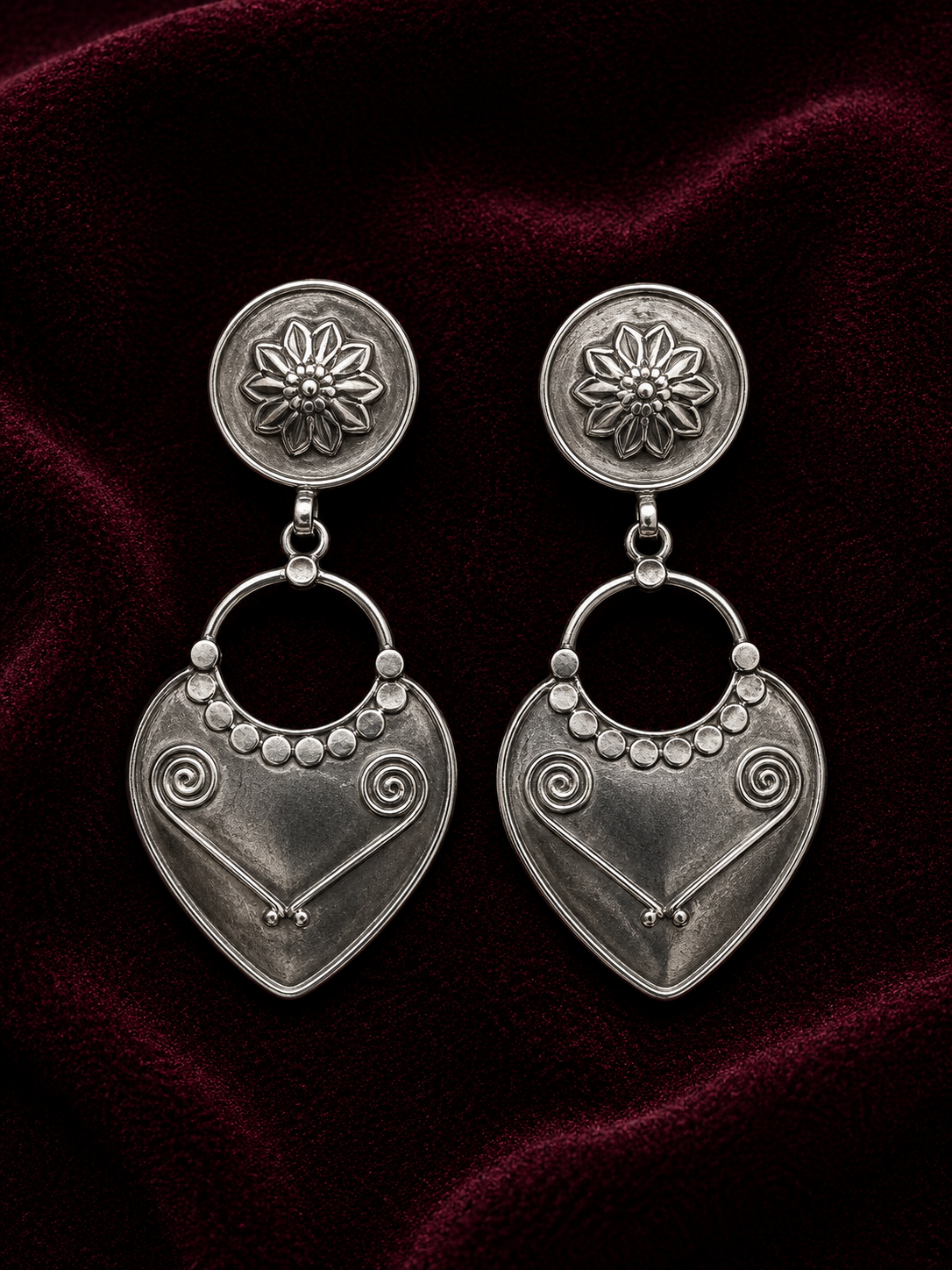 Silver Floral Heart Drop Earrings