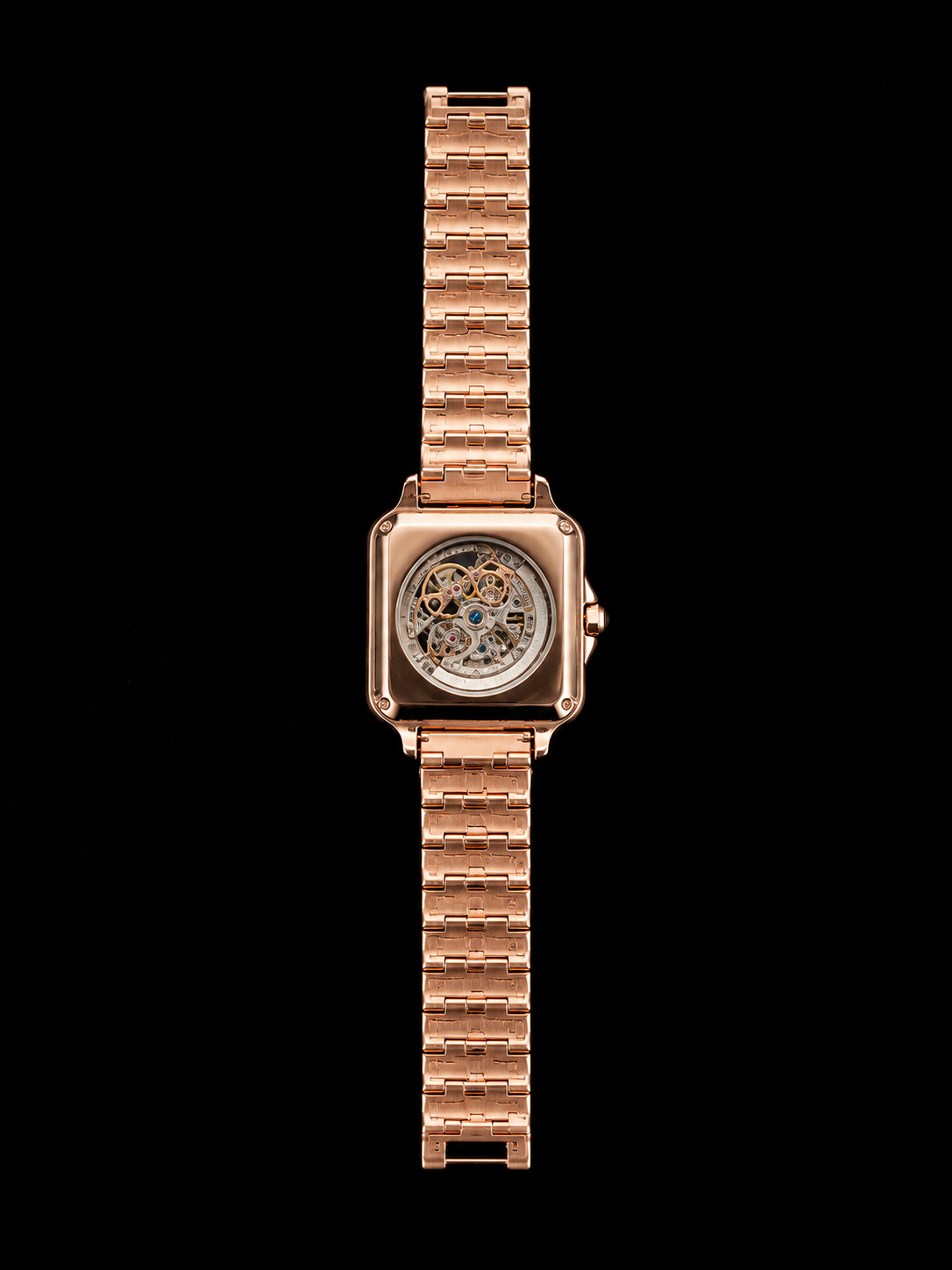 Luxury Rose Gold Skeleton Wrist Watch with Blue Dial