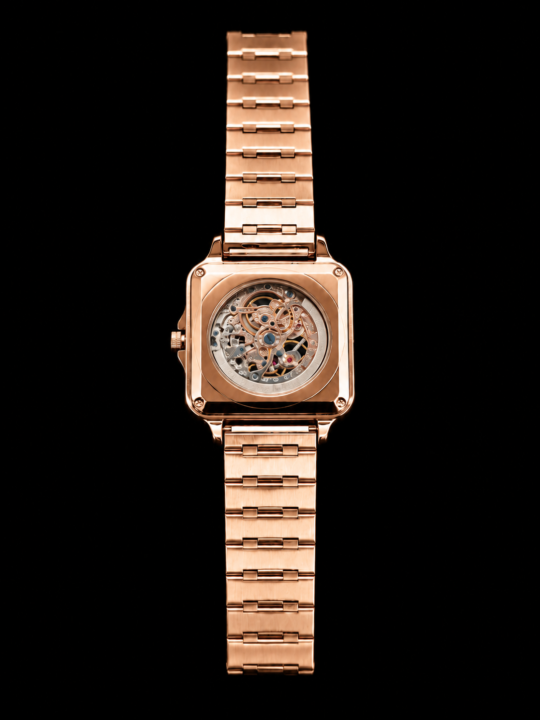Luxury Rose Gold Skeleton Wrist Watch with Black Dial