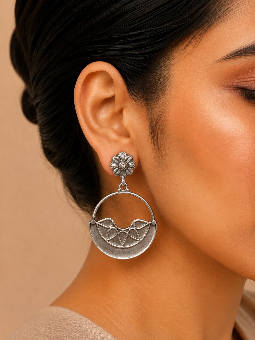 Silver Floral Crescent Hoop Earrings