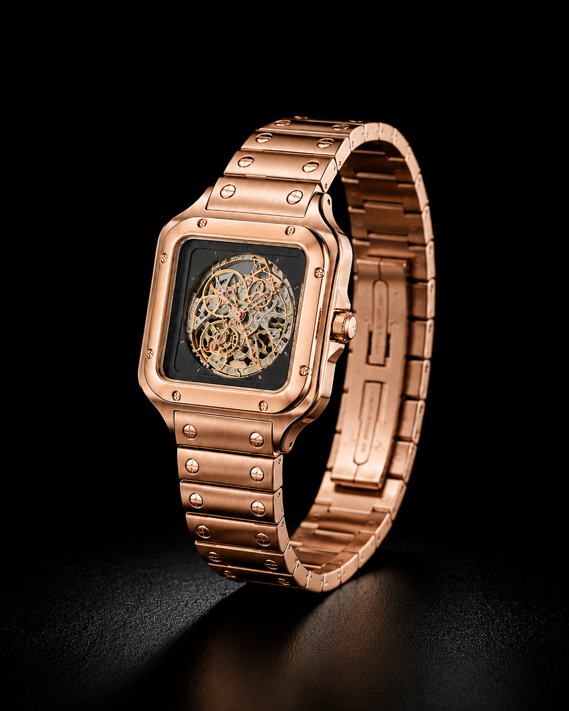 Luxury Rose Gold Skeleton Wrist Watch with Black Dial