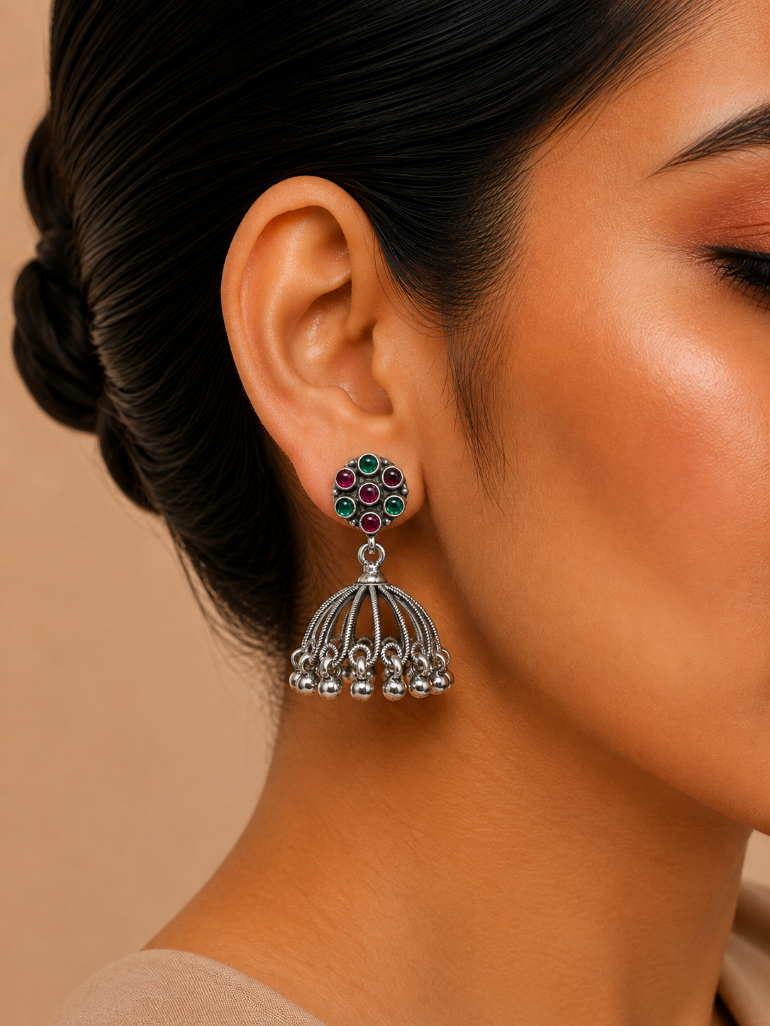 Silver Green & Ruby Open Dome Jhumka