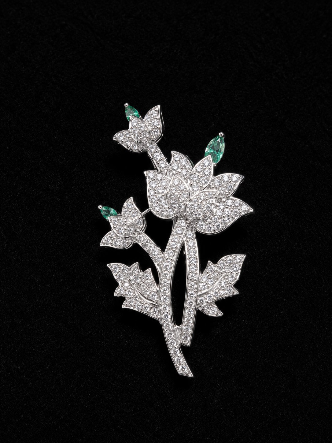 Silver Finish Floral Bloom Brooch with Green Marquise Crystal Accents