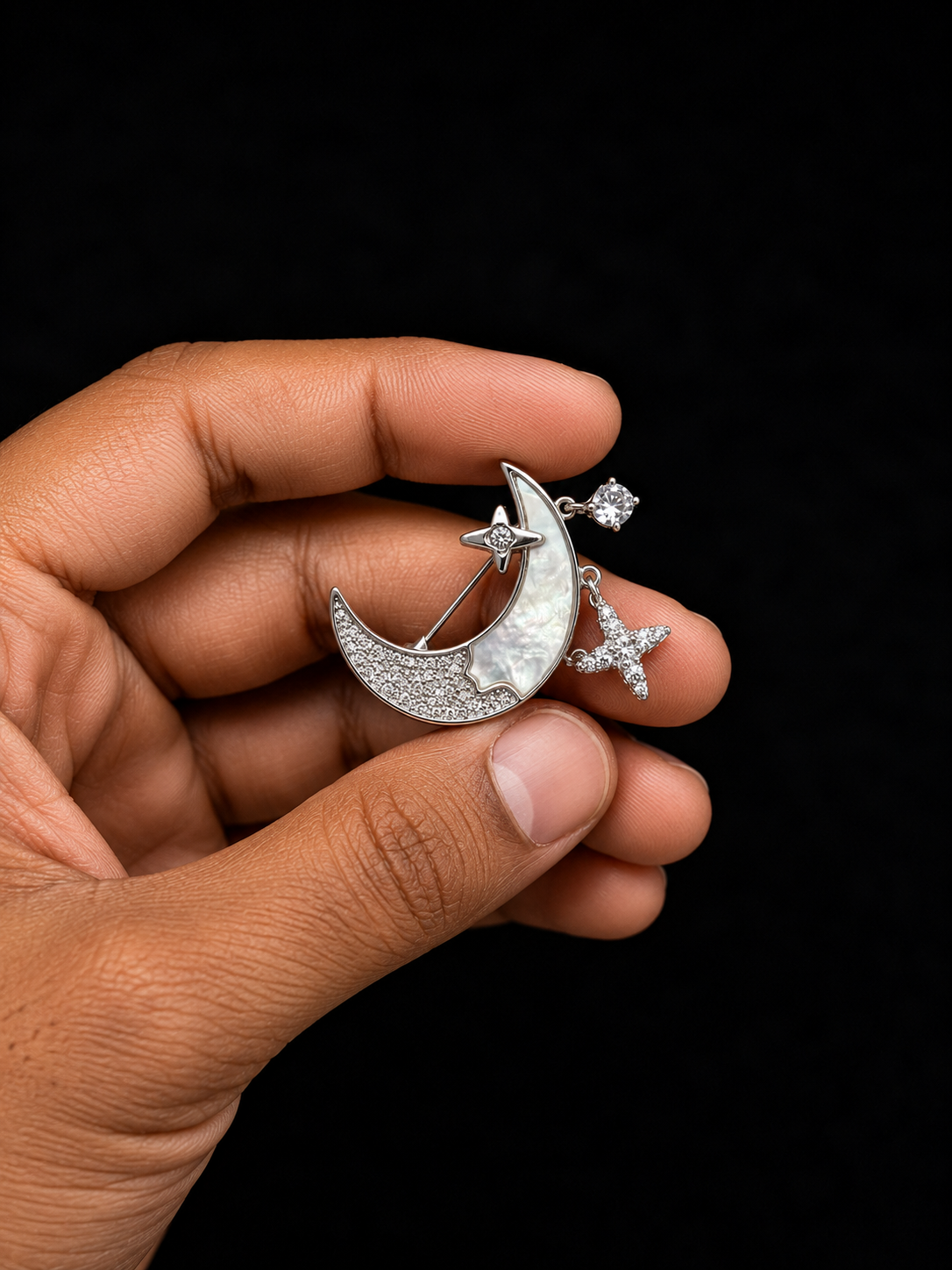 Silver Crescent Moon & Star Brooch with Mother of Pearl