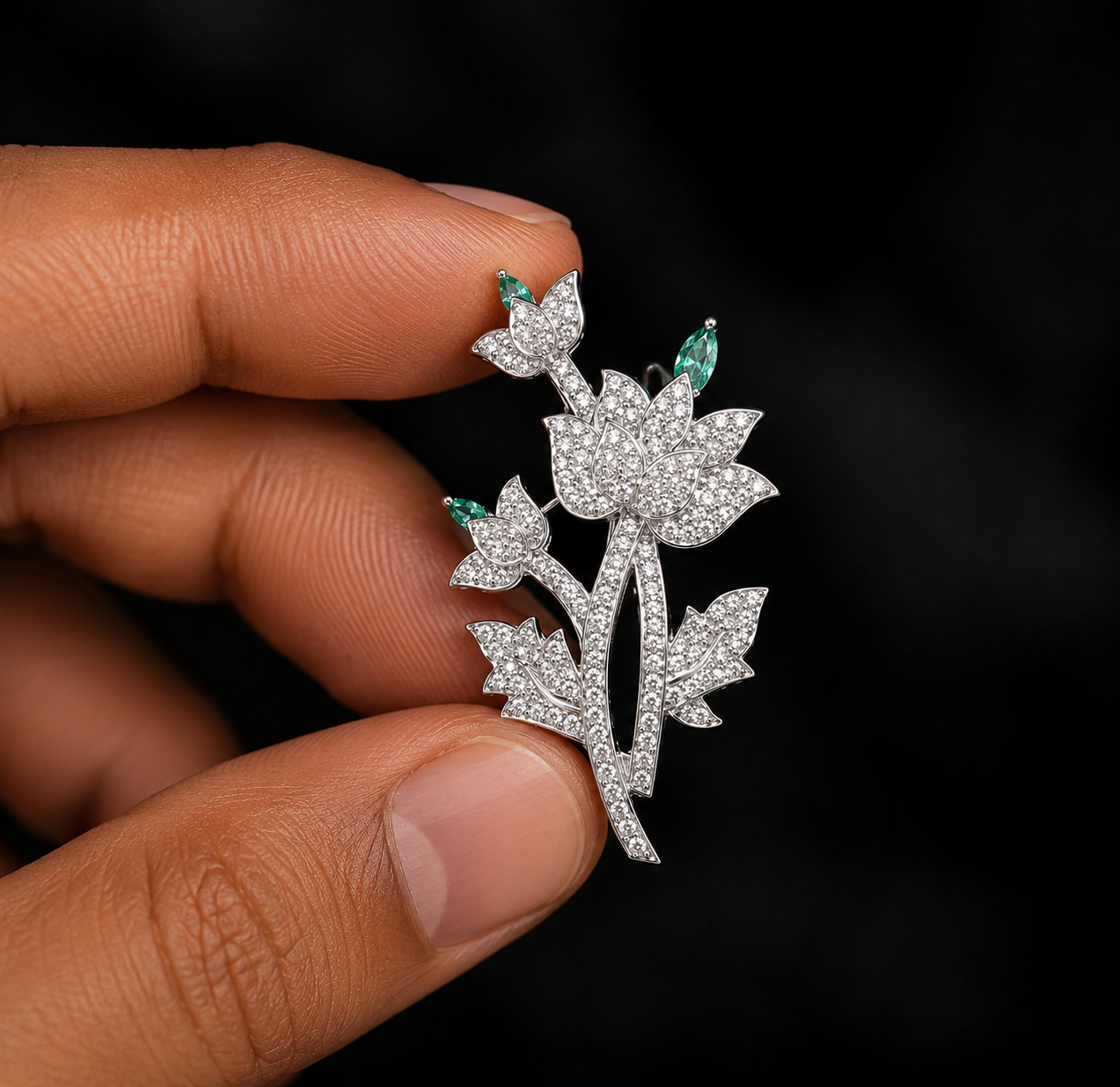 Silver Finish Floral Bloom Brooch with Green Marquise Crystal Accents