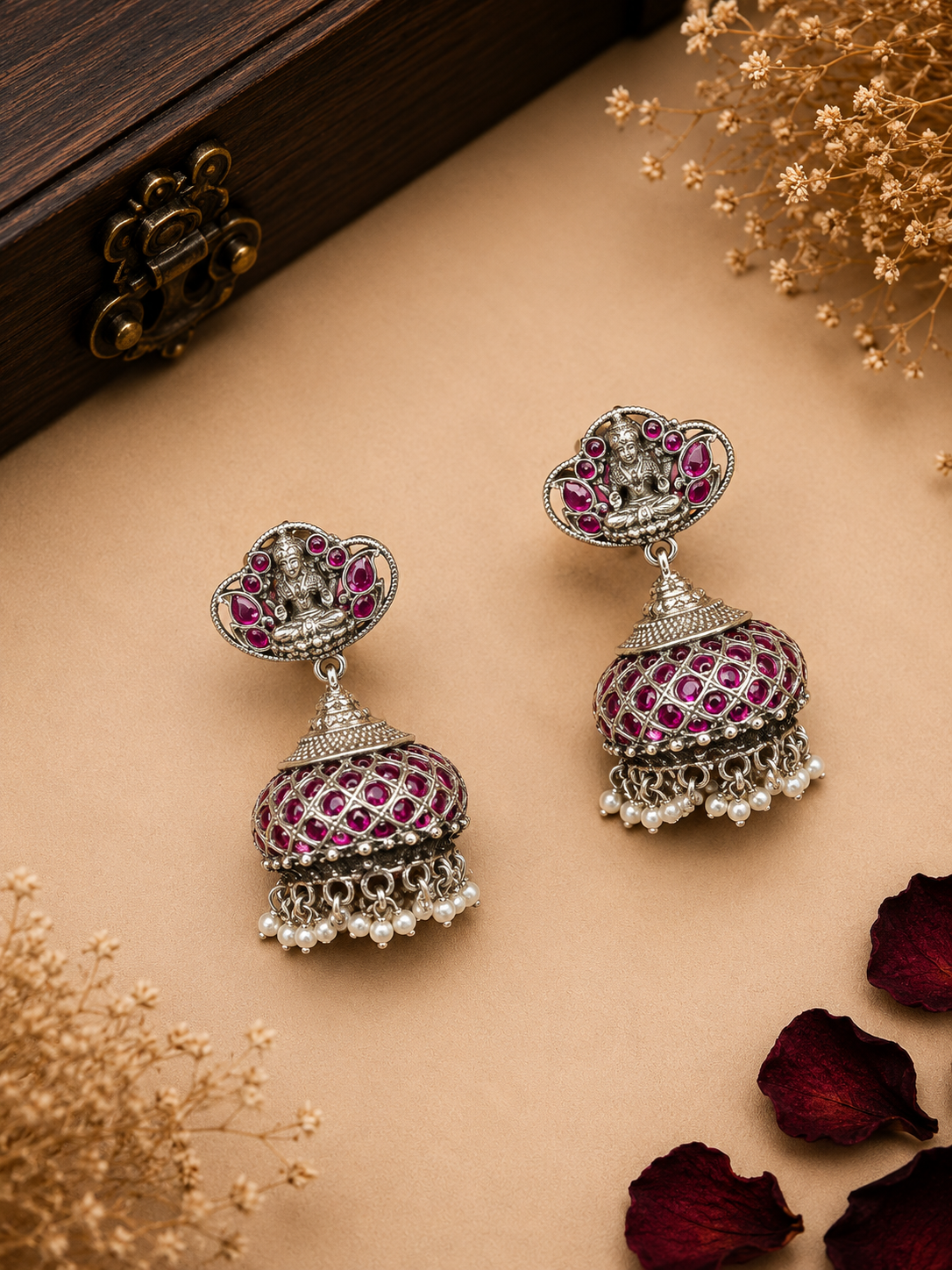 Silver Ruby Stone Traditional Jhumka