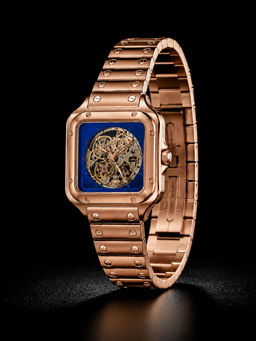 Luxury Rose Gold Skeleton Wrist Watch with Blue Dial