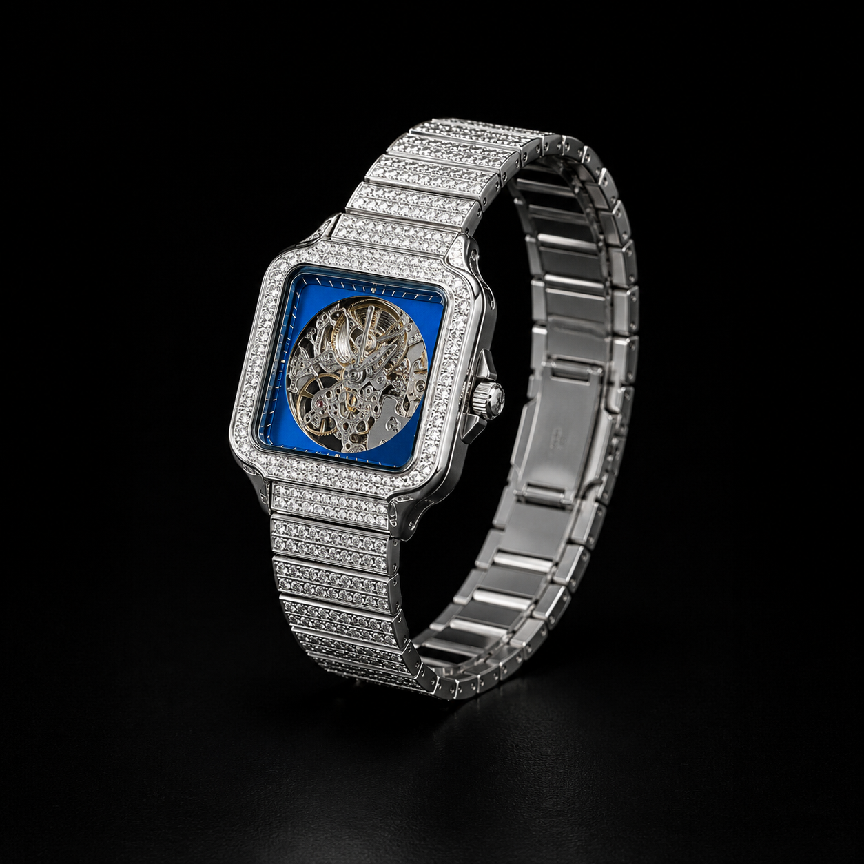Luxury Diamond-Style Skeleton Wrist Watch with Blue Dial