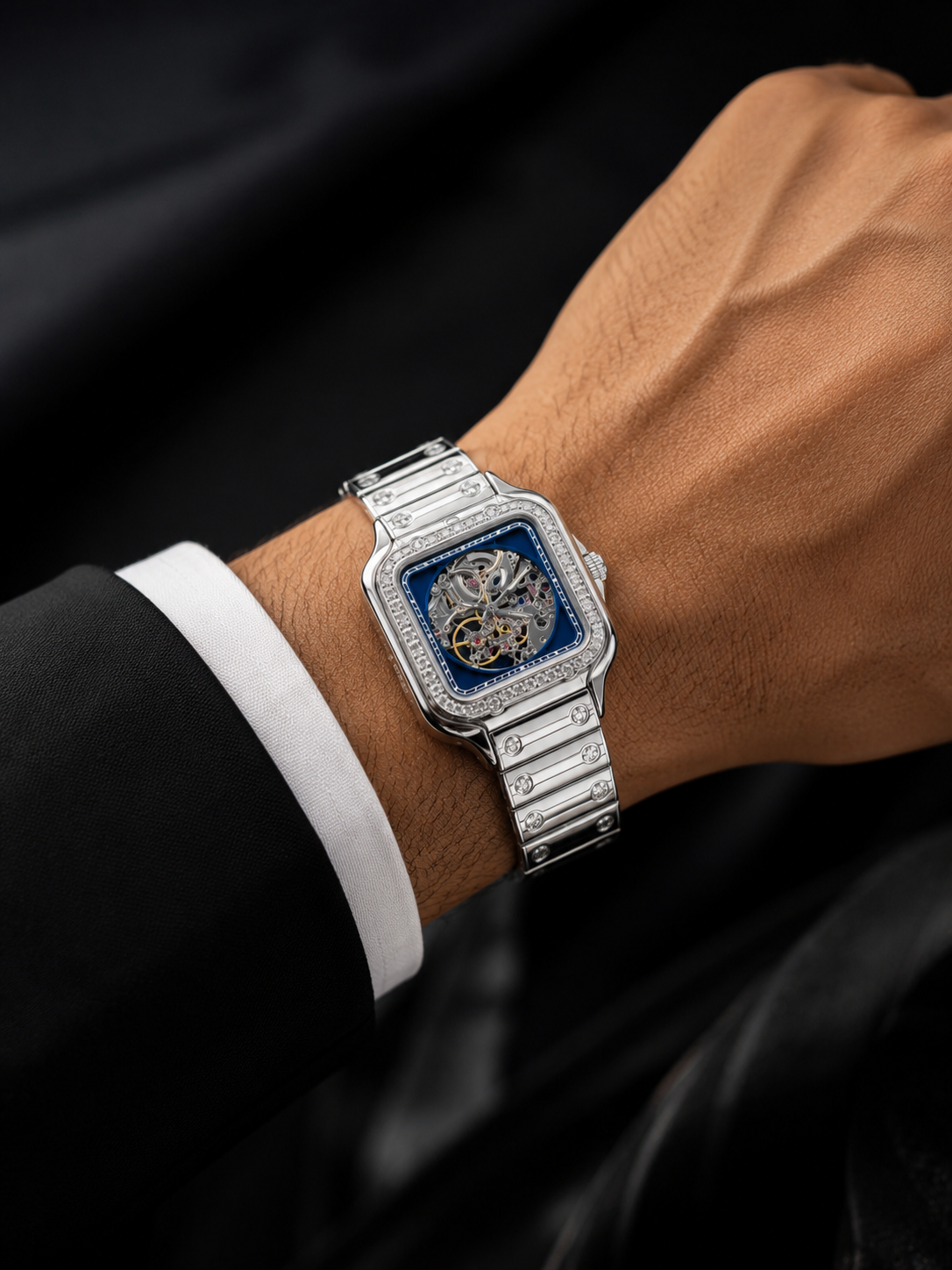 Luxury Silver Skeleton Wrist Watch with Blue Dial