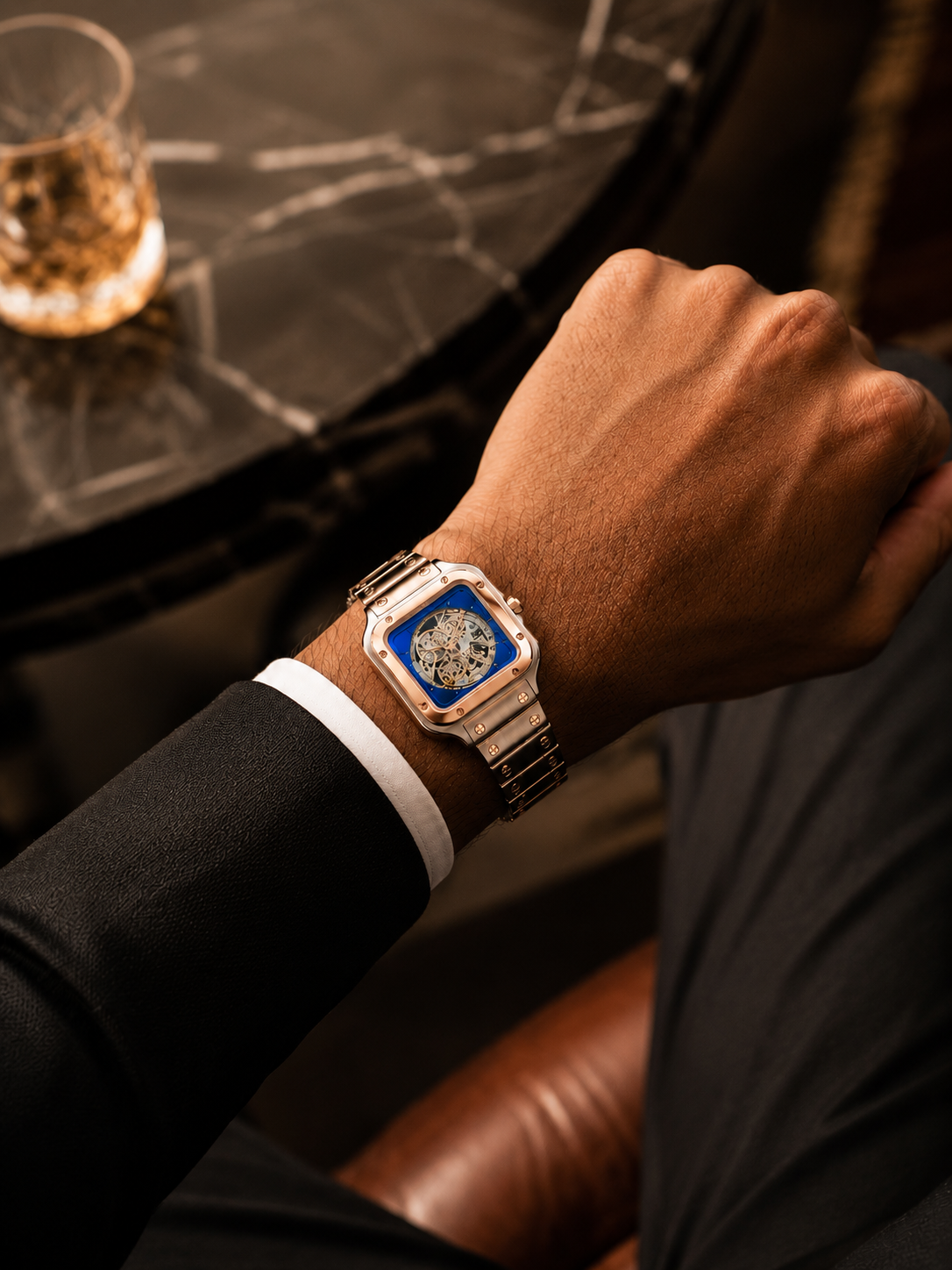 Luxury Rose Gold Skeleton Wrist Watch with Blue Dial