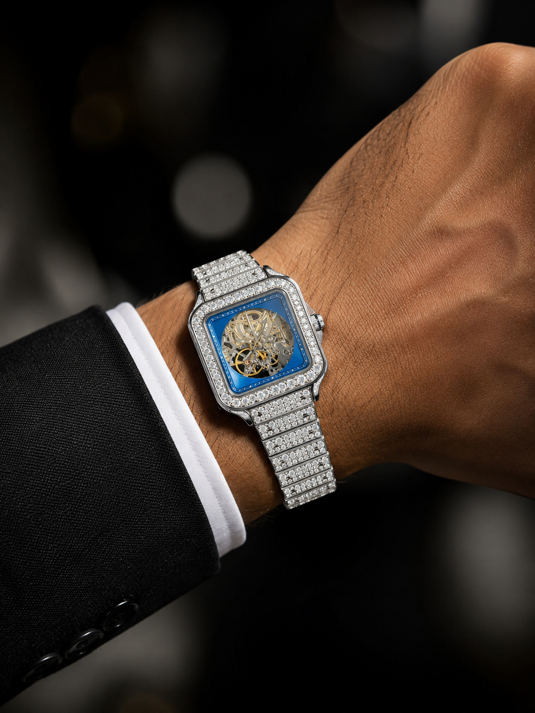 Luxury Diamond-Style Skeleton Wrist Watch with Blue Dial