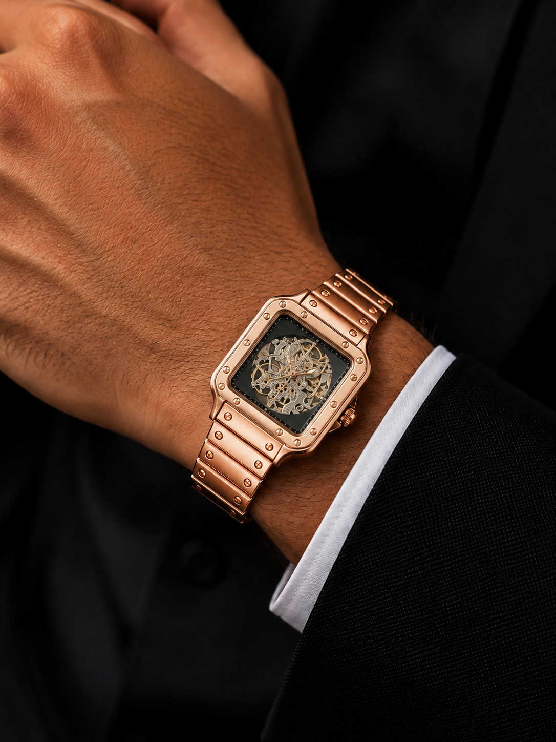Luxury Rose Gold Skeleton Wrist Watch with Black Dial