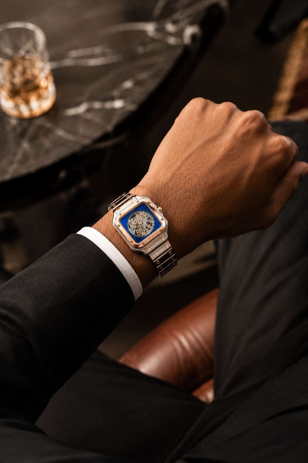 Luxury Rose Gold Skeleton Wrist Watch with Blue Dial