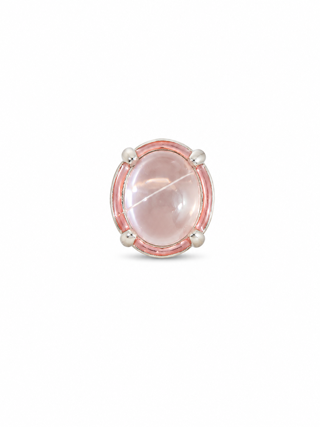 A single oval ring with a silver-toned prong setting and a thin pink inner halo, centered on a plain white background.