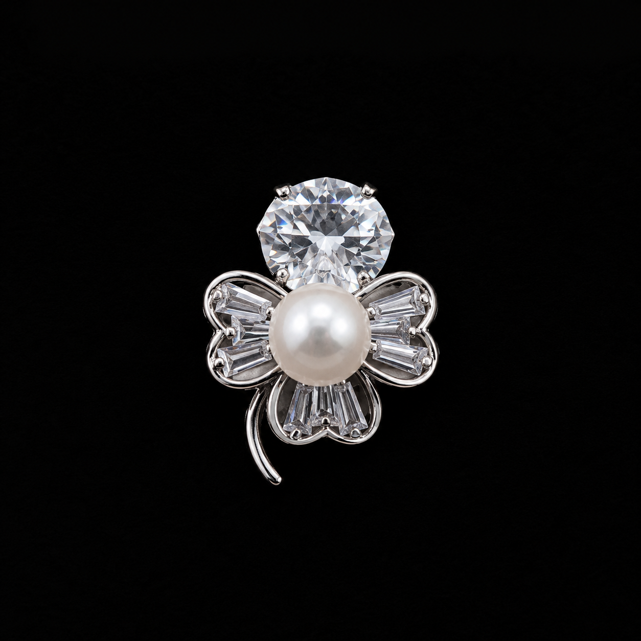 Silver Pearl Floral Brooch with Crystal Accents