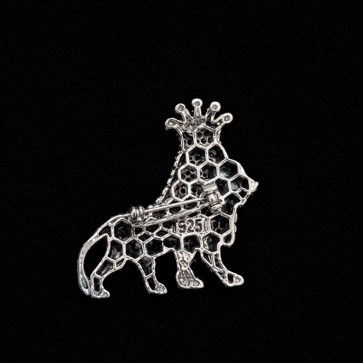 Royal Crowned Lion Antique Silver Finish Brooch with Ruby Stones