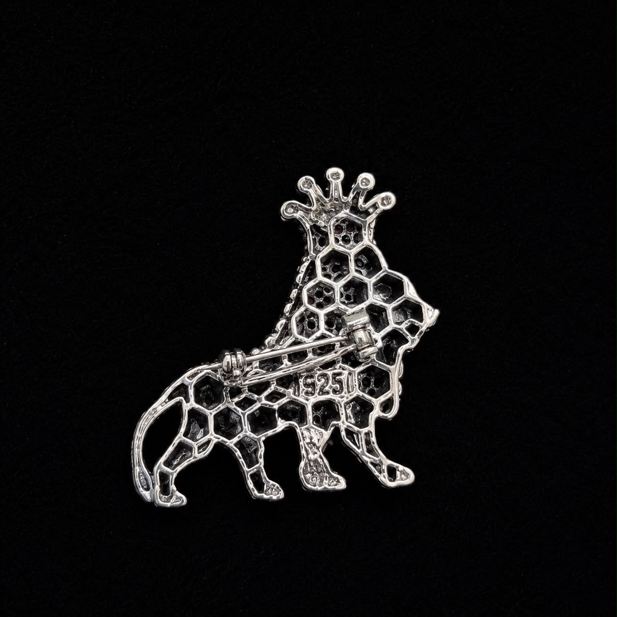 Royal Crowned Lion Antique Silver Finish Brooch with Ruby Stones