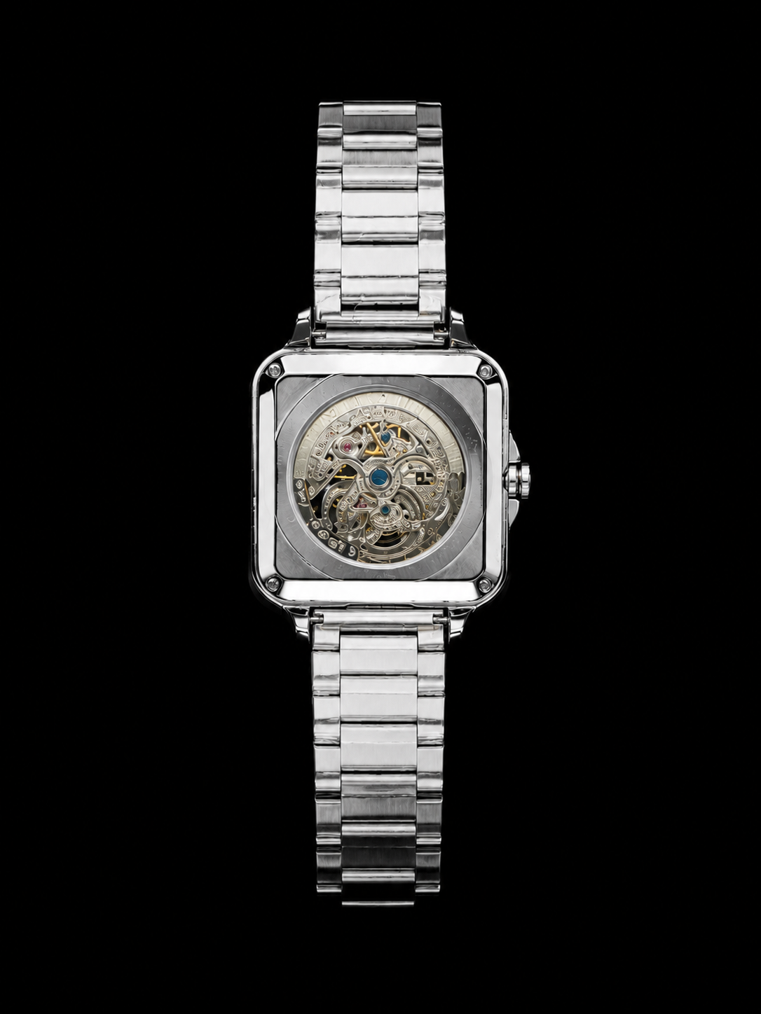 Luxury Silver Skeleton Wrist Watch with Blue Dial
