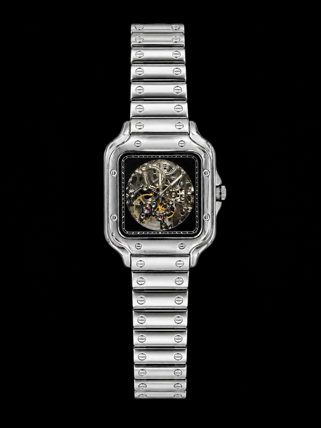 Luxury silver Skeleton Wrist Watch with Black Dial
