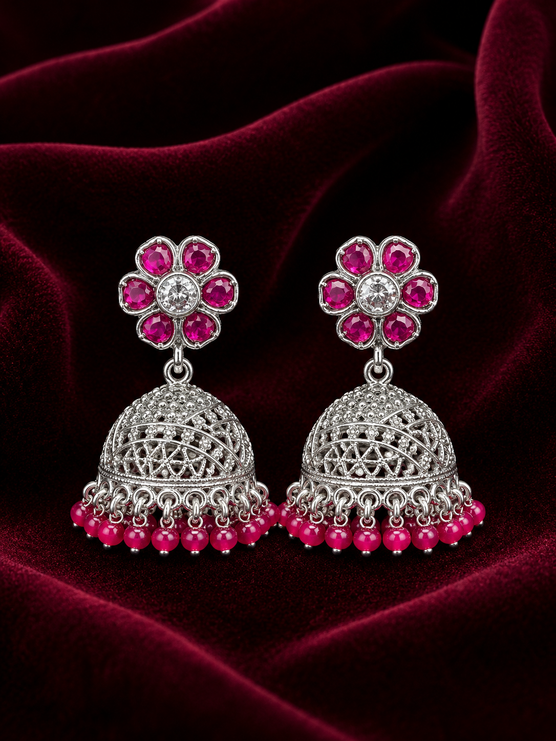 Silver Floral Jhumka Earrings