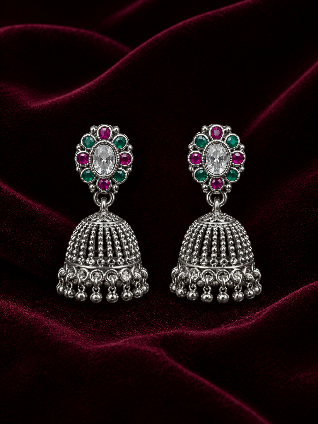 Silver Green & Ruby Stone Traditional Jhumka