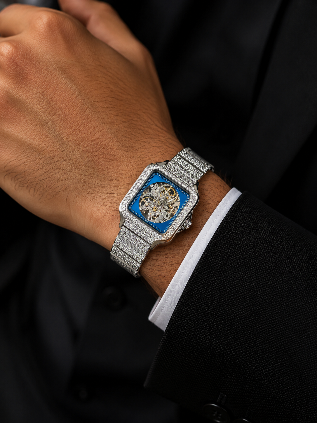 Luxury Diamond-Style Skeleton Wrist Watch with Blue Dial