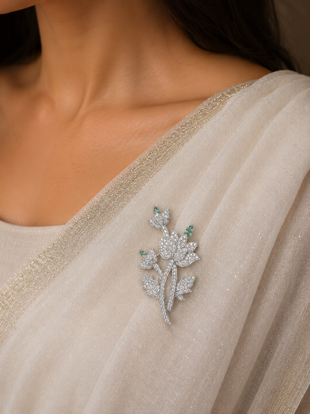 Silver Finish Floral Bloom Brooch with Green Marquise Crystal Accents