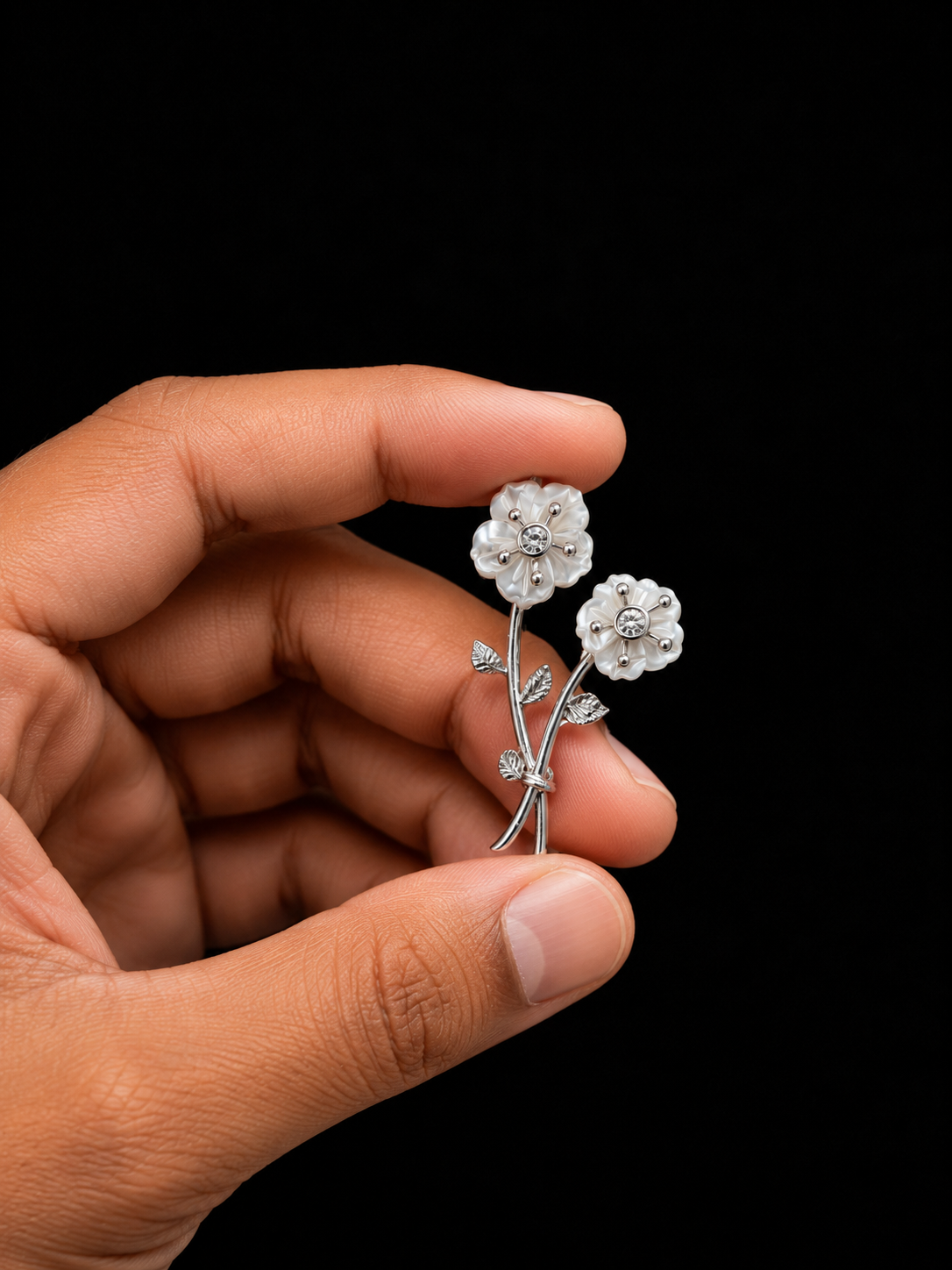 Silver Dual Floral Brooch with Mother of Pearl