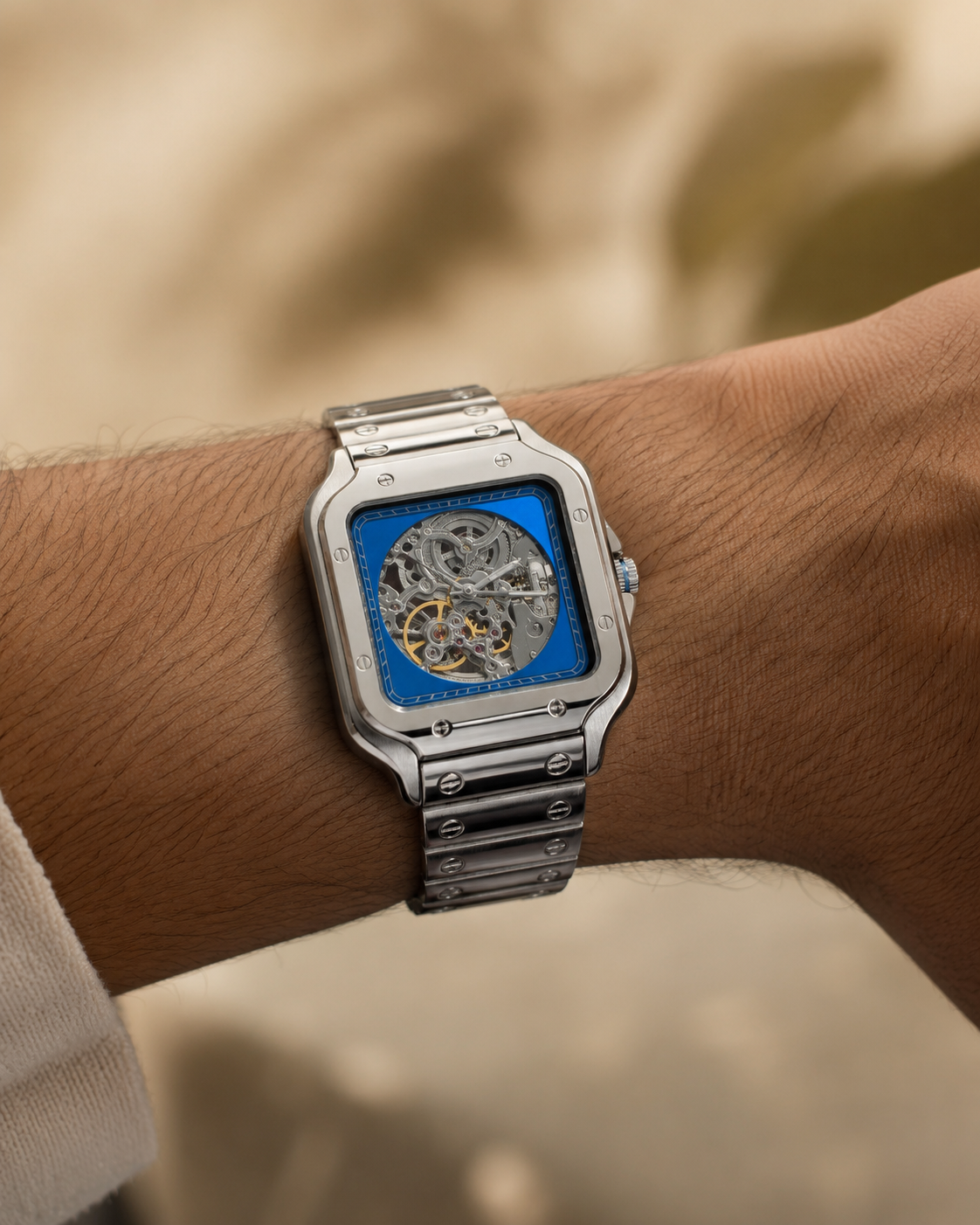 Luxury Silver Skeleton Wrist Watch with Blue Dial