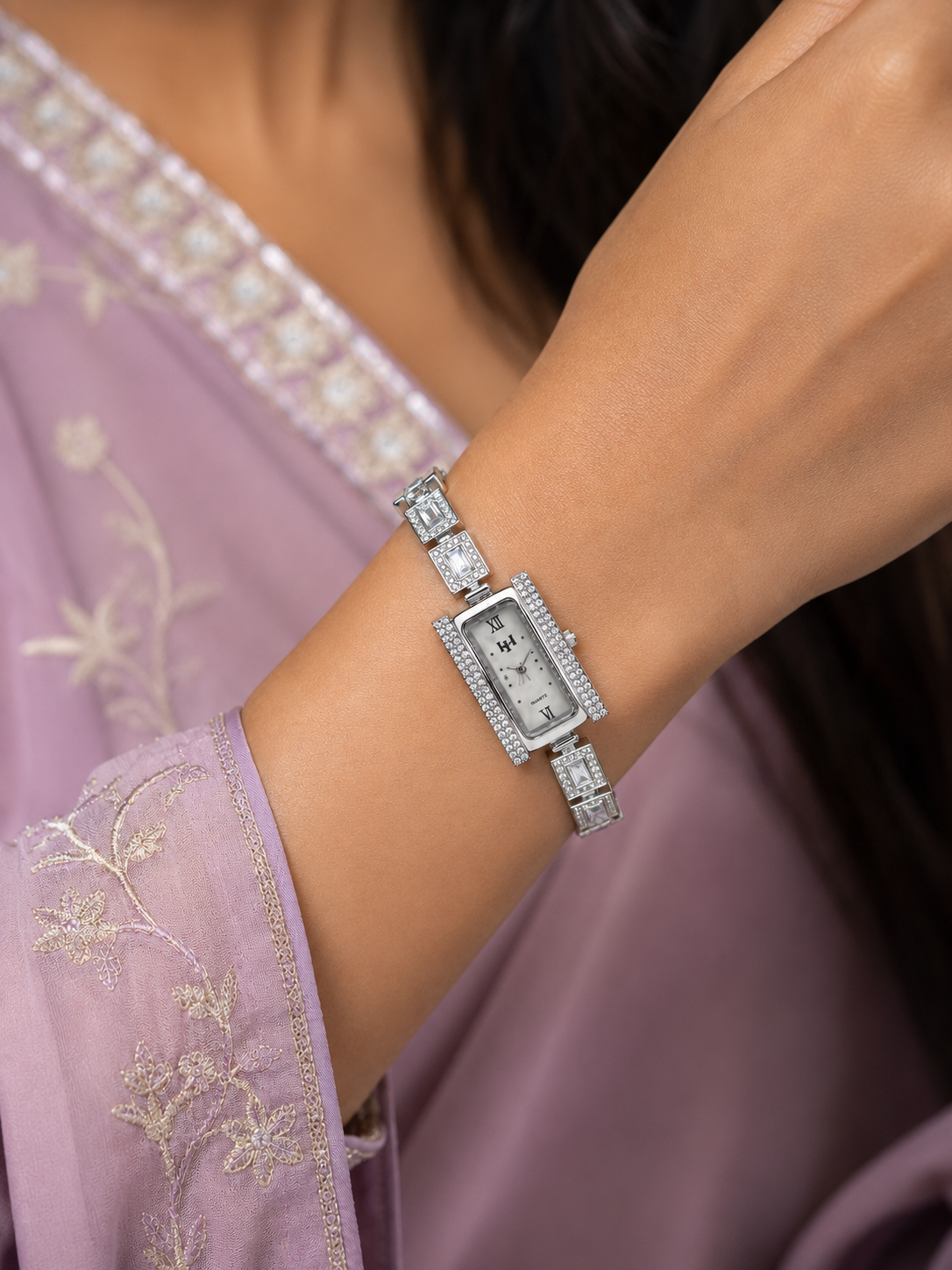 Luxury Crystal-Studded Silver Bracelet Watch for Women