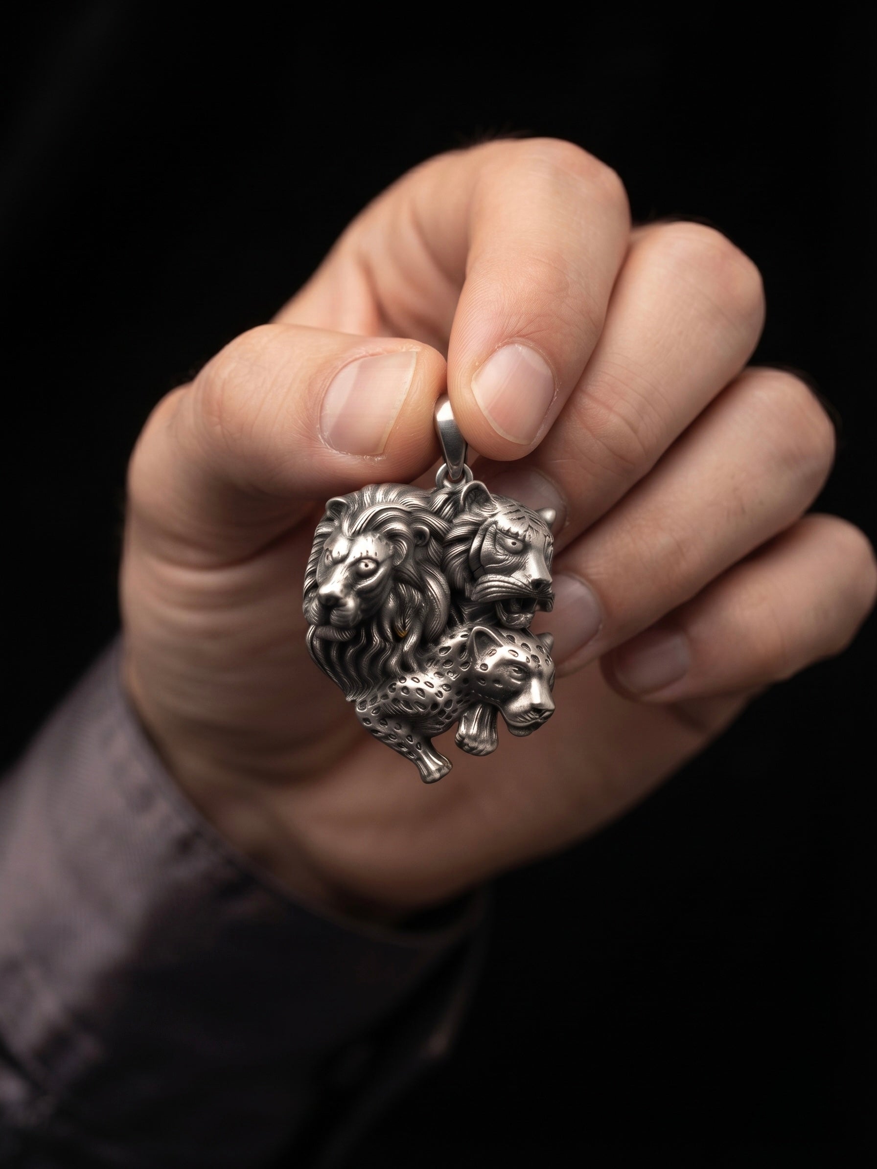 Silver Wildlife Trio Brooch – Lion, Tiger & Leopard Design