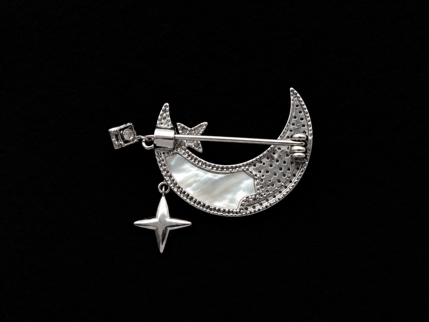 Silver Crescent Moon & Star Brooch with Mother of Pearl