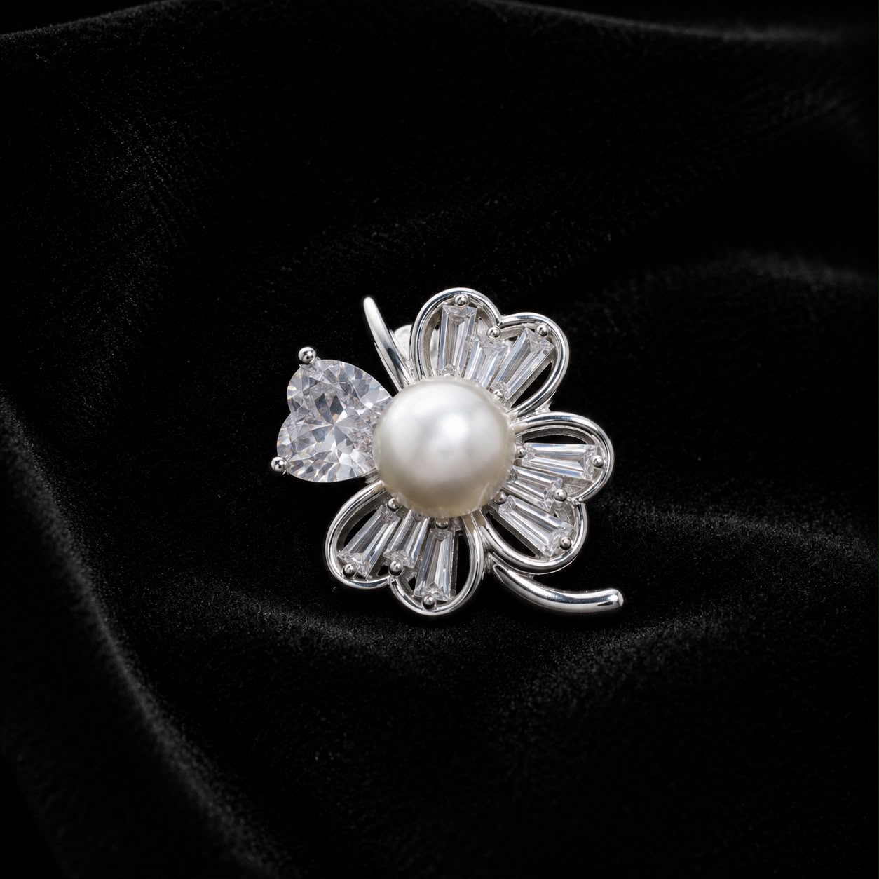 Silver Pearl Floral Brooch with Crystal Accents
