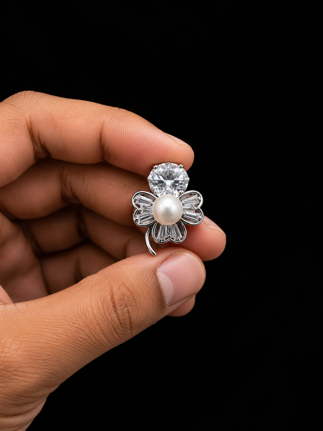 Silver Pearl Floral Brooch with Crystal Accents