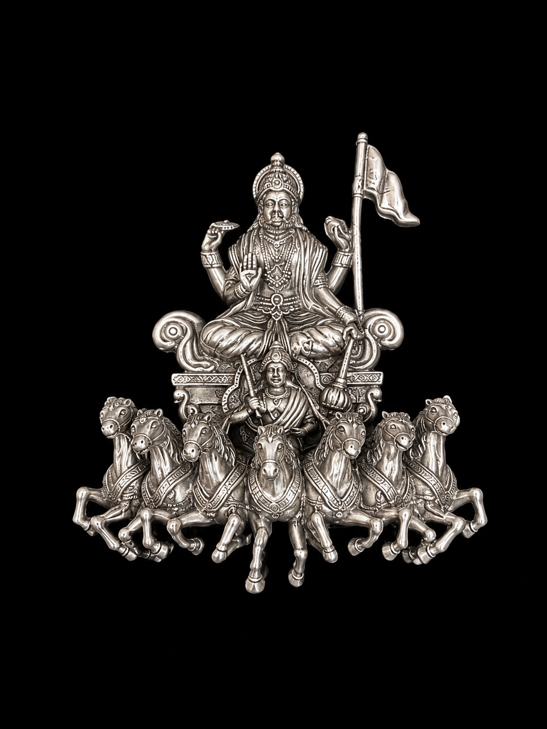 Silver Surya Dev Brooch Description