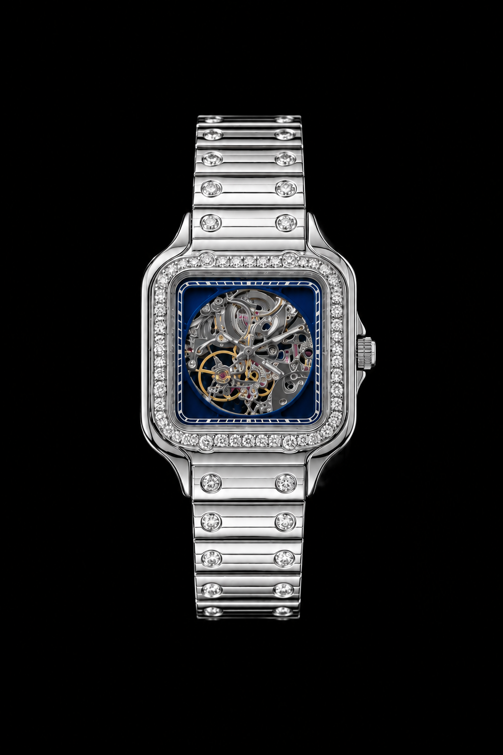 Luxury Silver Skeleton Wrist Watch with Blue Dial