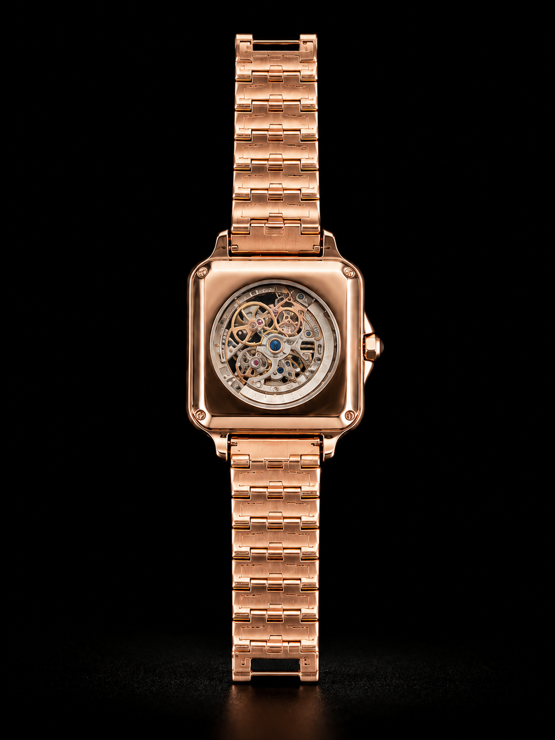 Luxury Rose Gold Skeleton Wrist Watch with Blue Dial