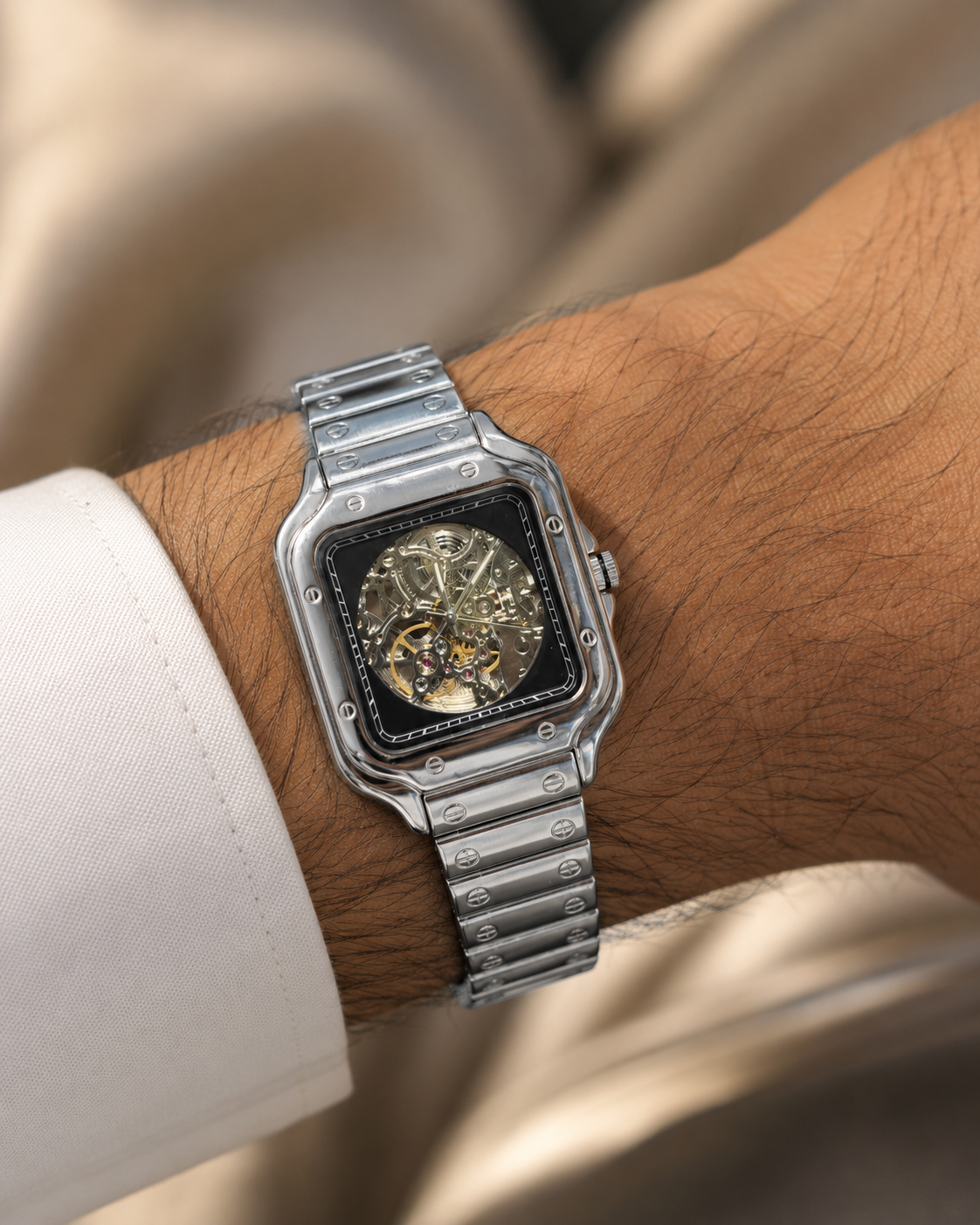 Luxury silver Skeleton Wrist Watch with Black Dial
