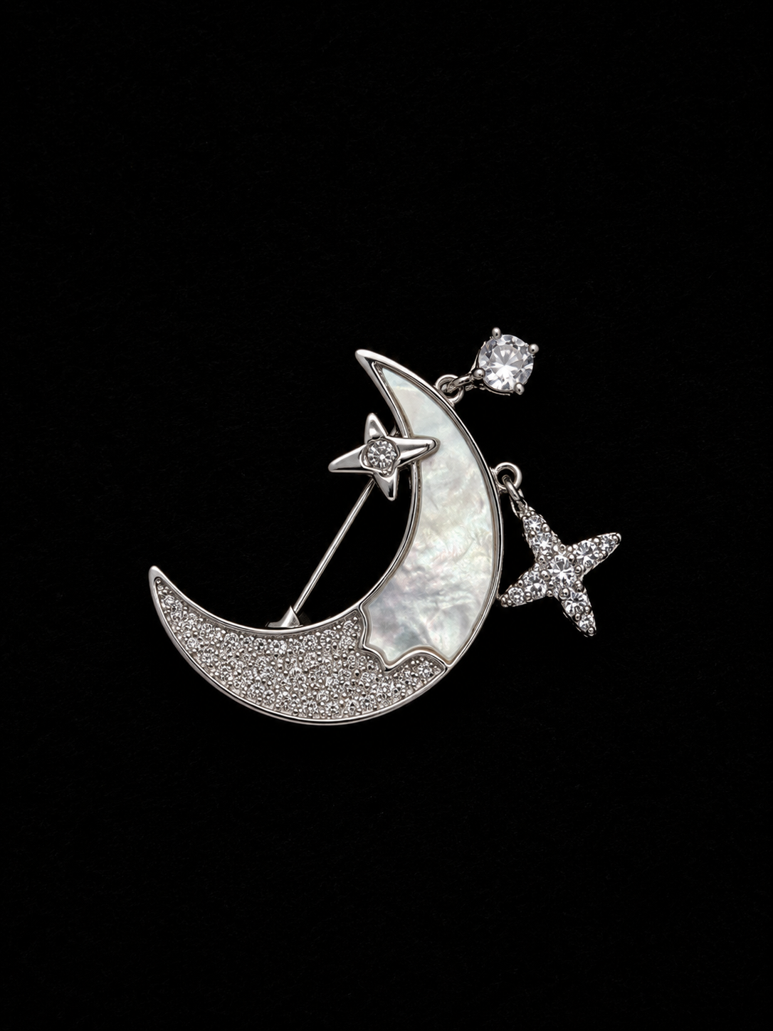 Silver Crescent Moon & Star Brooch with Mother of Pearl