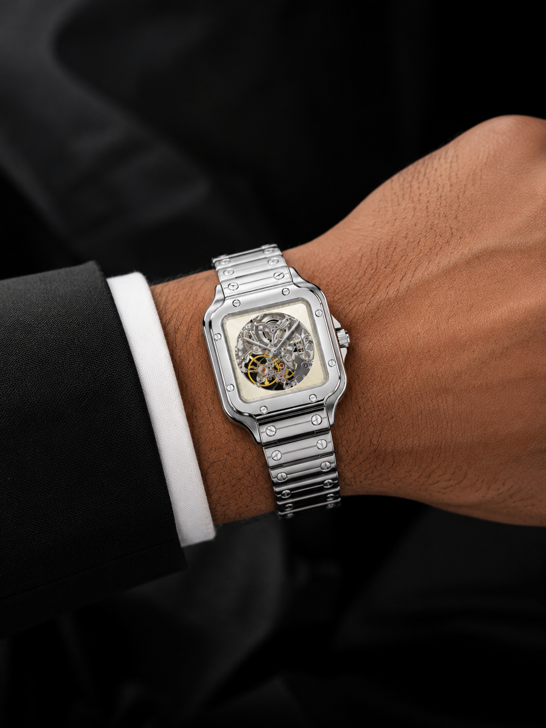 Luxury Silver Skeleton Wrist Watch with Open-Heart Dial