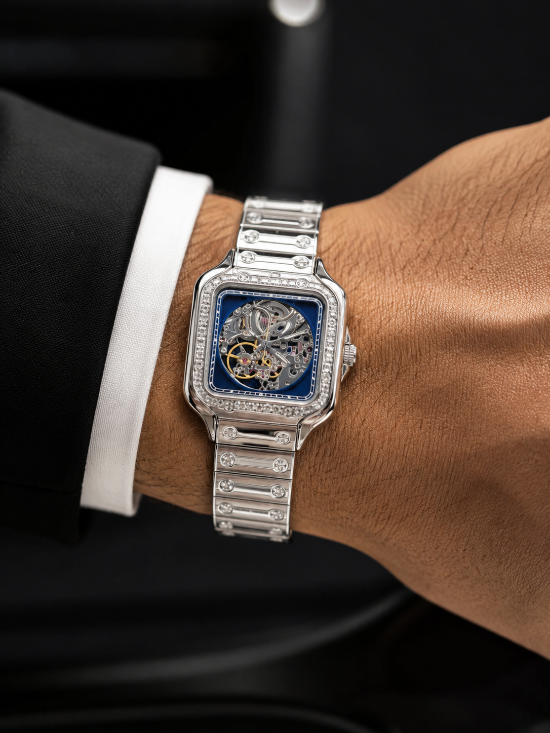 Luxury Silver Skeleton Wrist Watch with Blue Dial