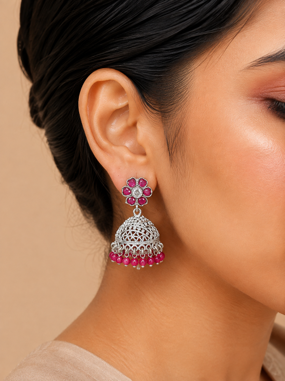 Silver Floral Jhumka Earrings