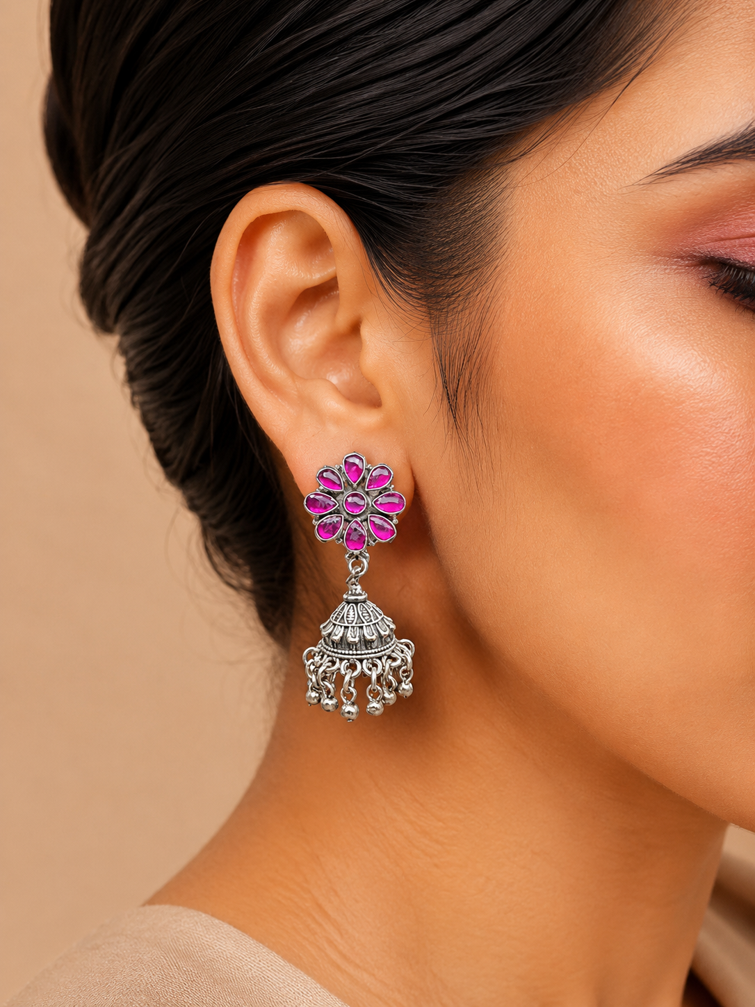 Silver Pink Stone Floral Jhumka