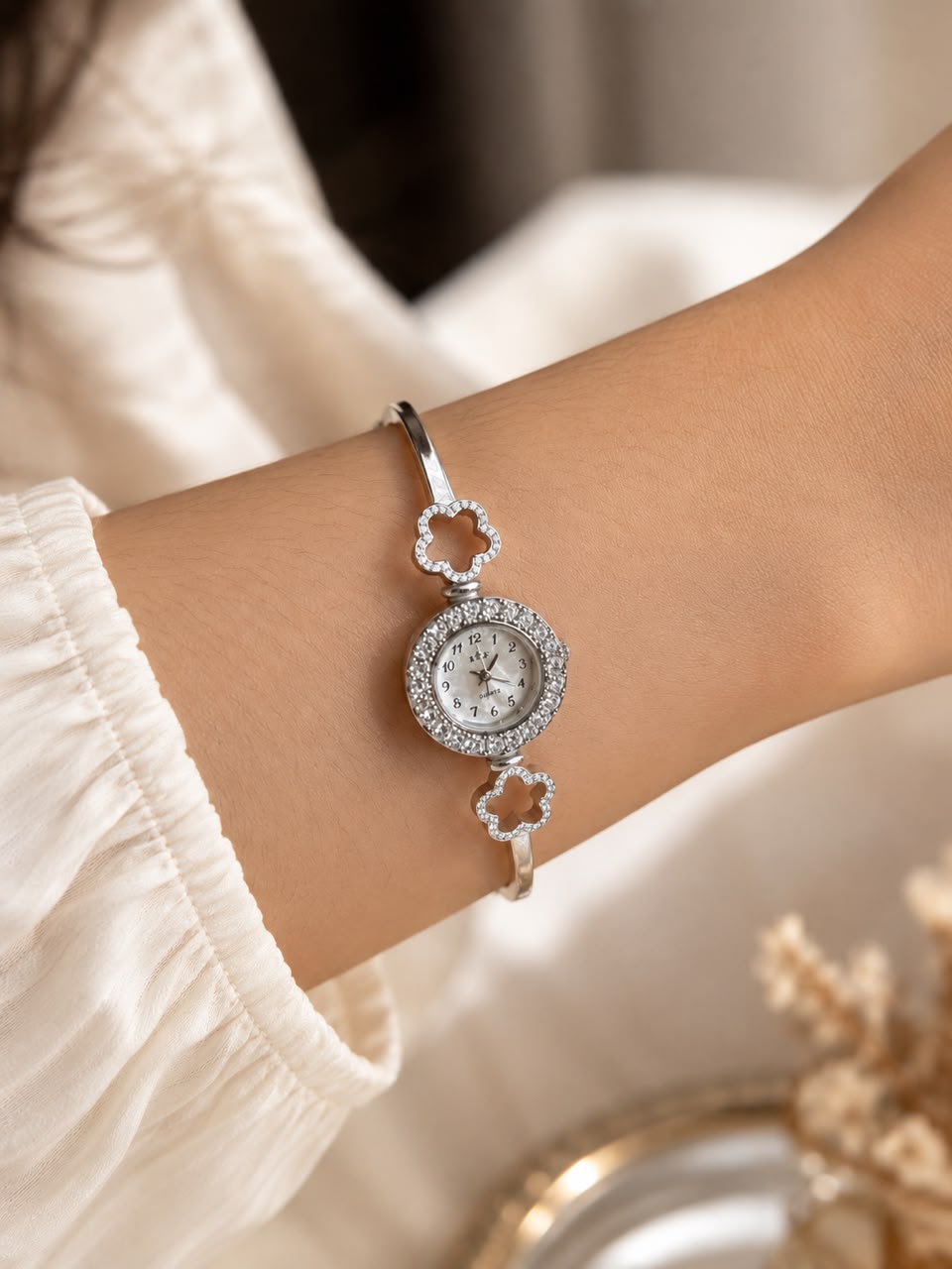 Elegant Silver-Tone Floral Bracelet Watch